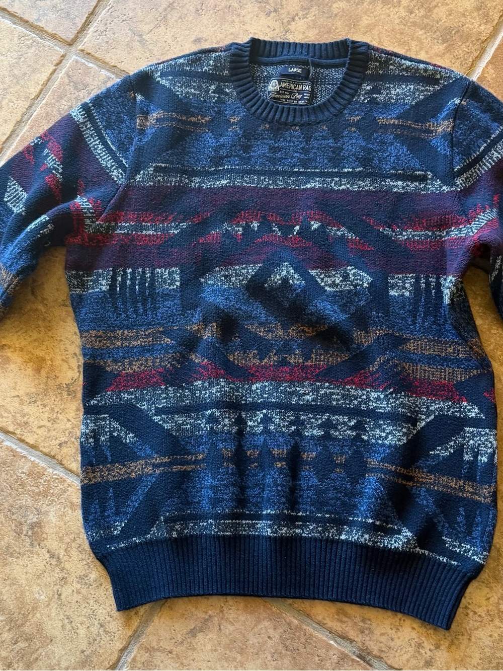 American Rag Navy, Red & Brown Geometric Crewneck Sweater